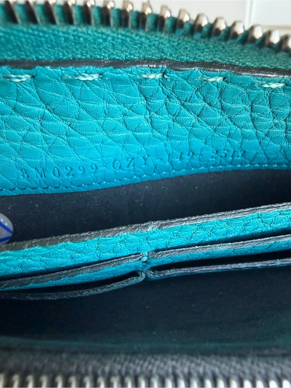 Fendi Selleria Roman Leather Large Zip around wallet. Teal/Peacock Blue